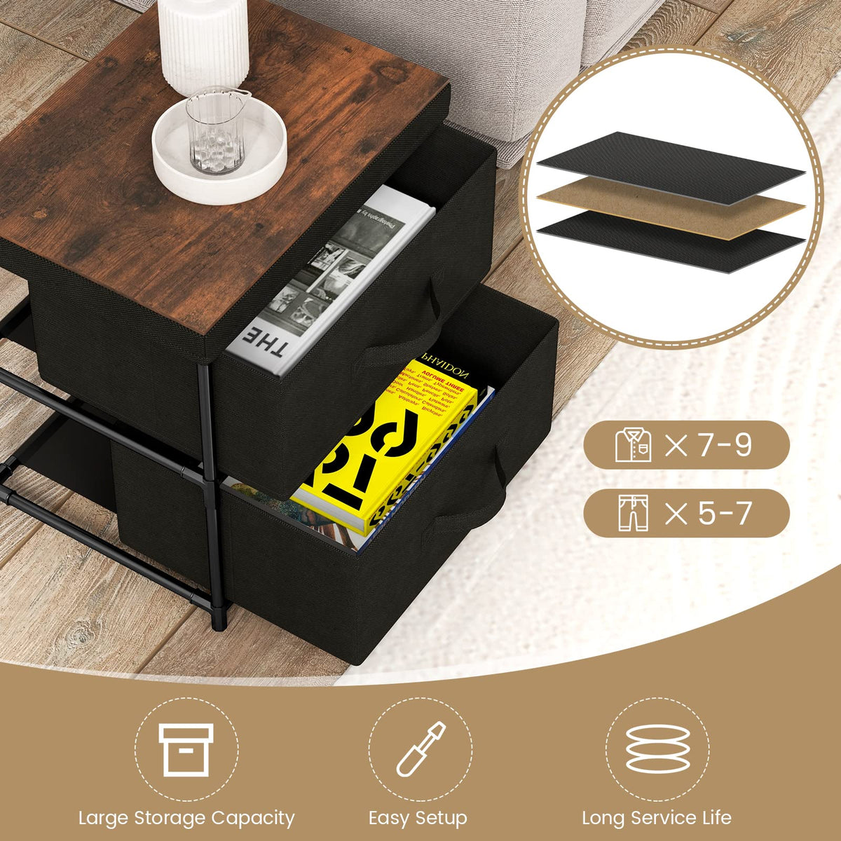 GIANTEX Nightstand with 2 Fabric Drawers, Small Storage Dresser with Metal Frame and Wood Top for