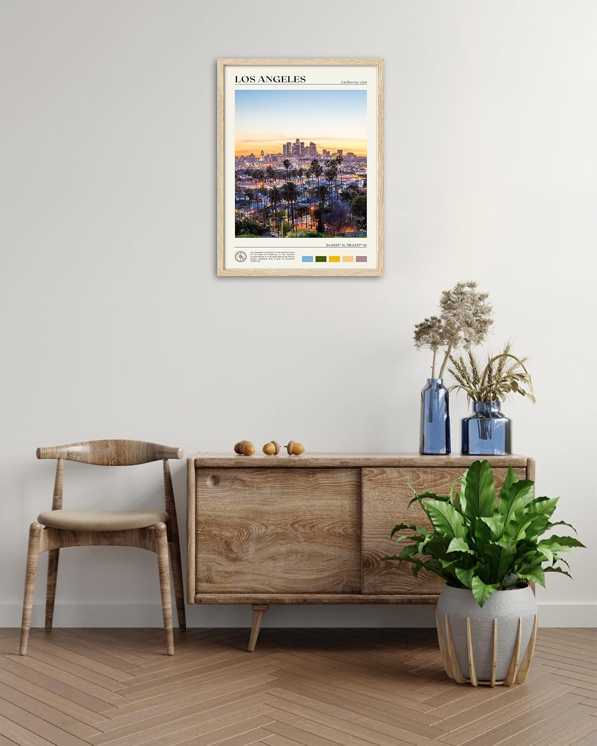 HesenDot Natural OAK Wood Los Angeles Cityscape Framed Wall Art,12x16in City Skyline Canvas Wall