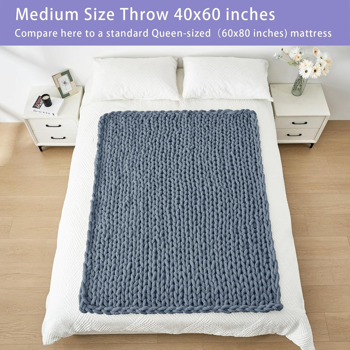 Bigacogo Chunky Knit Throw Blanket for Couch, 40x60 inches, 100% Hand Knitted with Thick Jumbo