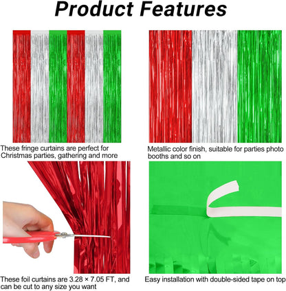 8 Pack Christmas Photo Backdrop, 3.28 FT x 7.05 FT Red Silver Green Party Streamer, Metallic Foil