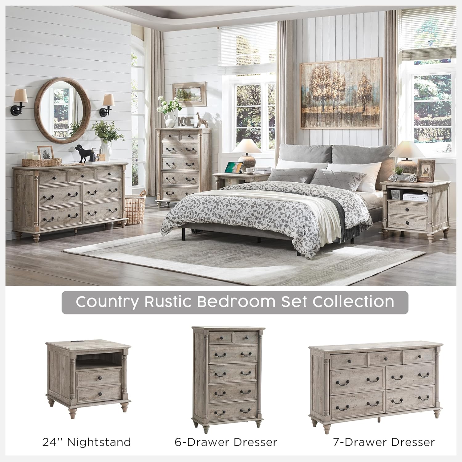 T4TREAM 24'' Farmhouse End Table w/4 Solid Wood Feet, Large 2 Drawers Wide Sofa Side Table with
