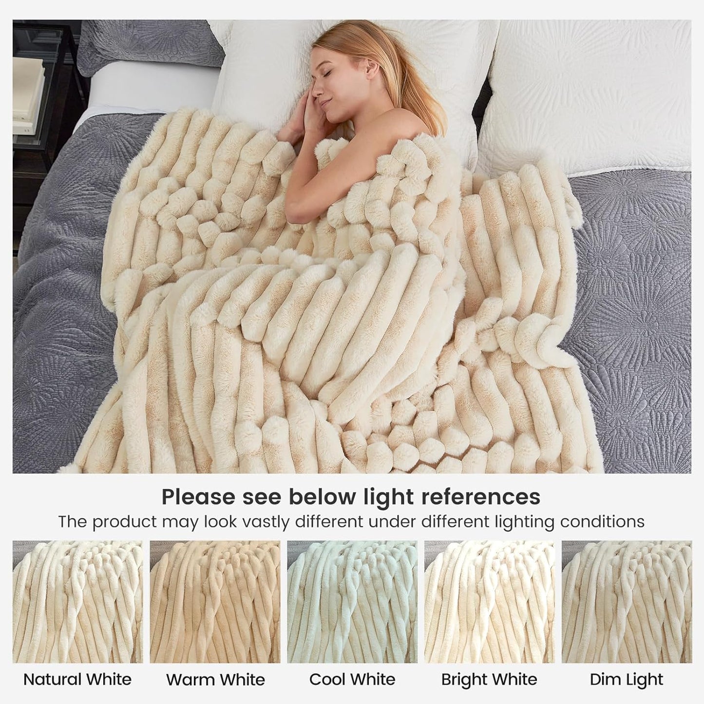 Cozy Bliss Faux Fur Throw Blanket for Couch, Cozy Warm Plush Striped Blanket for Sofa Bedroom