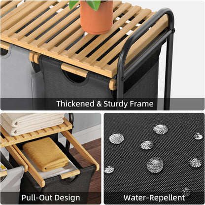 Laundry Hampers 3 Section, Laundry Sorter with Removable Shelf and Pull-Out Bags, Clothes Hampers
