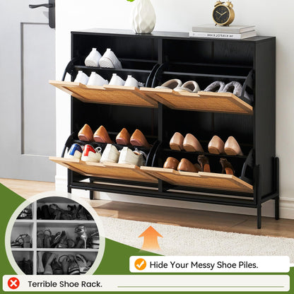 GAOMON Natural Rattan 4 Flip Door Shoe Rack Storage Cabinet, Shoe Cabinet Organizer Freestanding