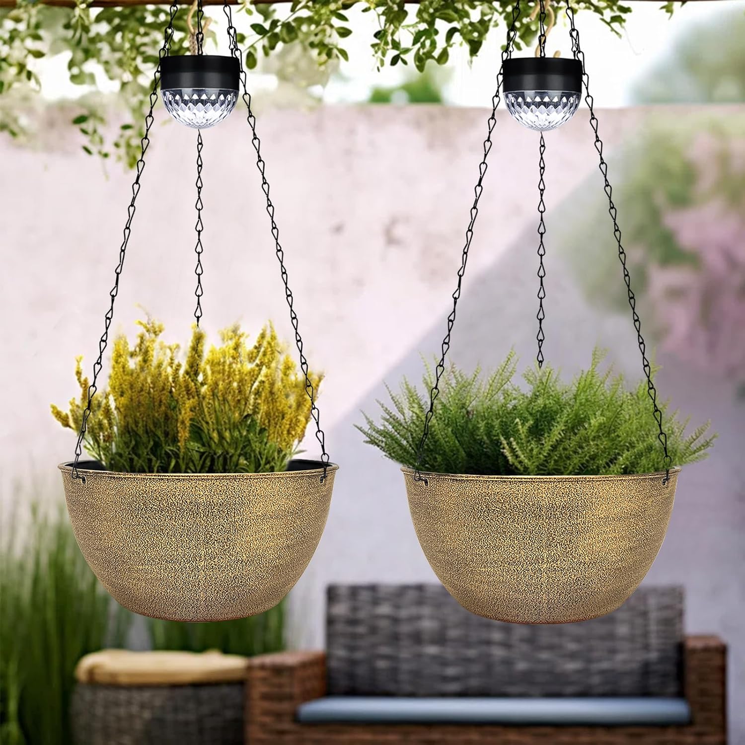 2 Packs Hanging Planters Basket for Outdoor Plants, Solar Powered Self Watering Copper Round