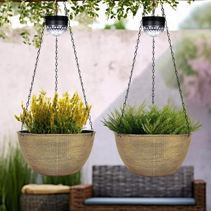 2 Packs Hanging Planters Basket for Outdoor Plants, Solar Powered Self Watering Copper Round