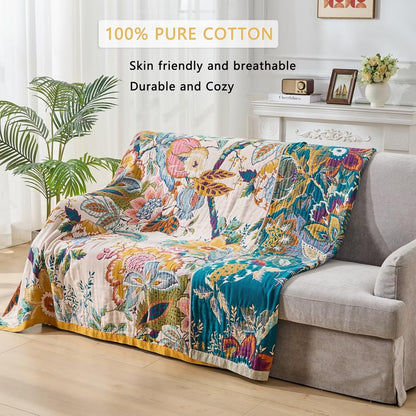 Boho Throw Blanket for Bed, Double Sided Floral Decorated Bohemian Couch Blanket, Lightweight