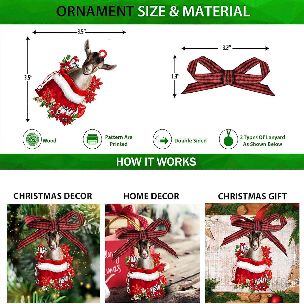 Talataca Goat 2D Flat Wooden Christmas Ornament, Goat Farm Animal in Red Santa Gift Bag Pine Tree