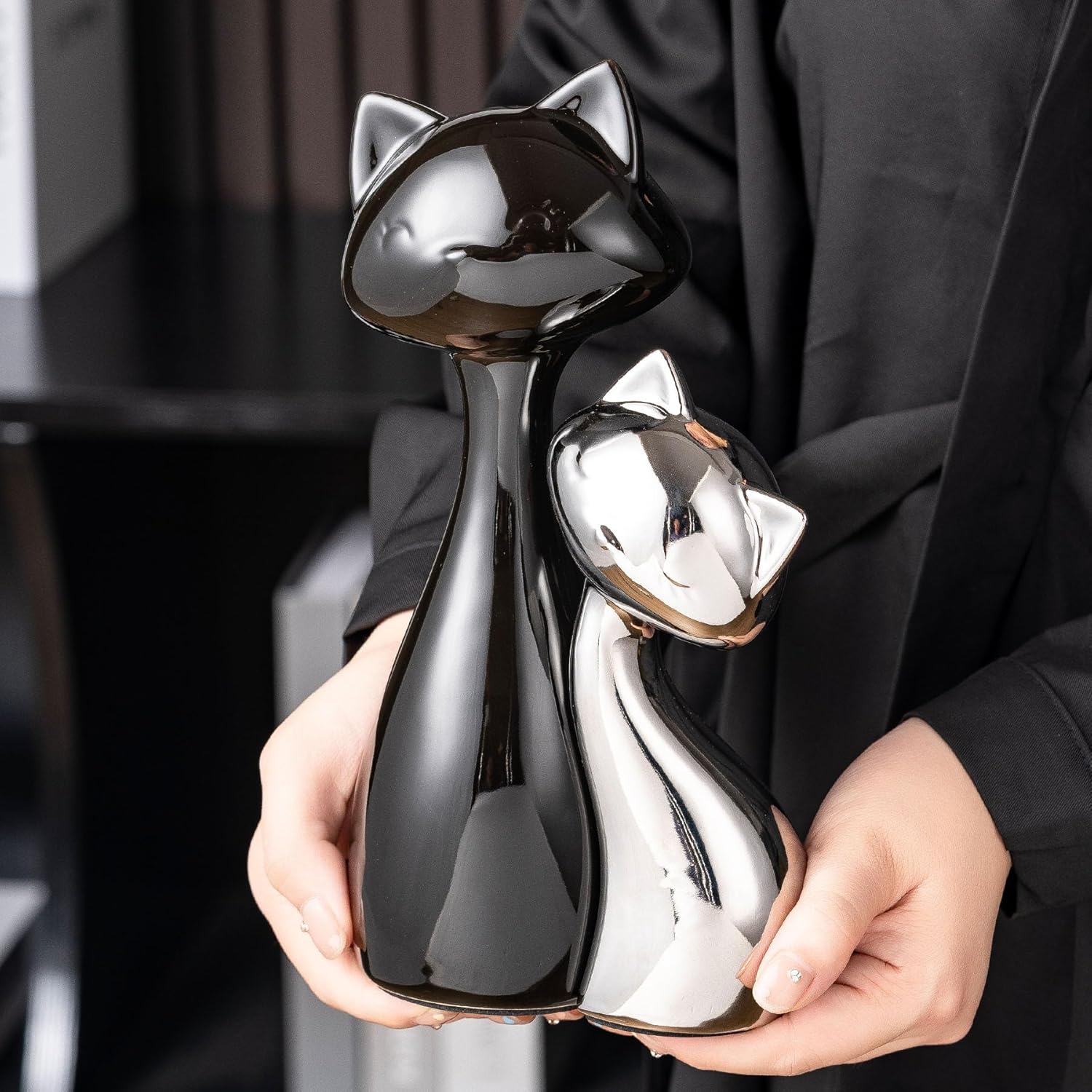 Ceramic Cat Statue Set, Black & Silver Cute Home Decor Figurines, Lucky Cats Desk Accessories for
