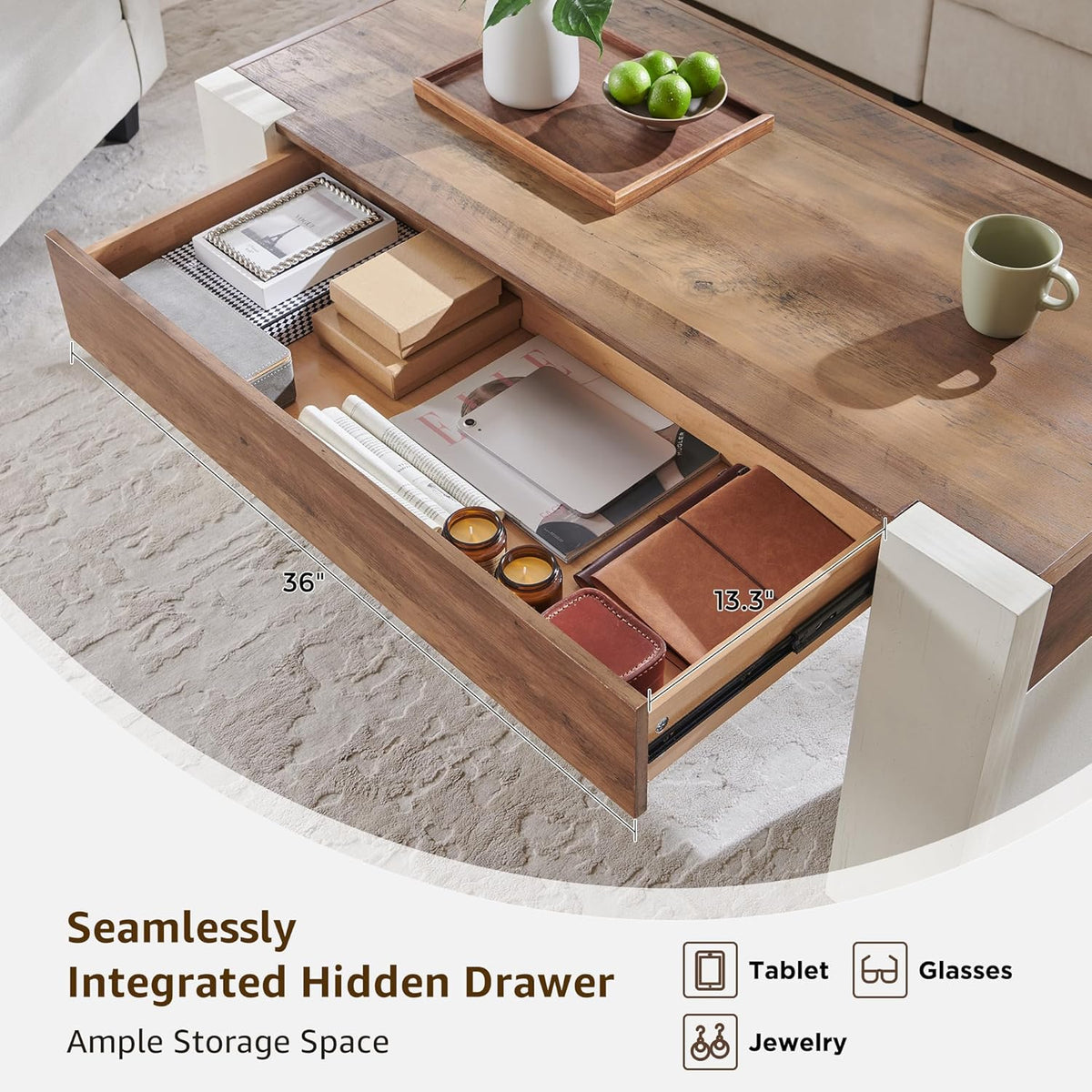 OKD 48" Modern Farmhouse Coffee Table, Wooden Living Room Table with Hidden Storage Drawer, Rustic