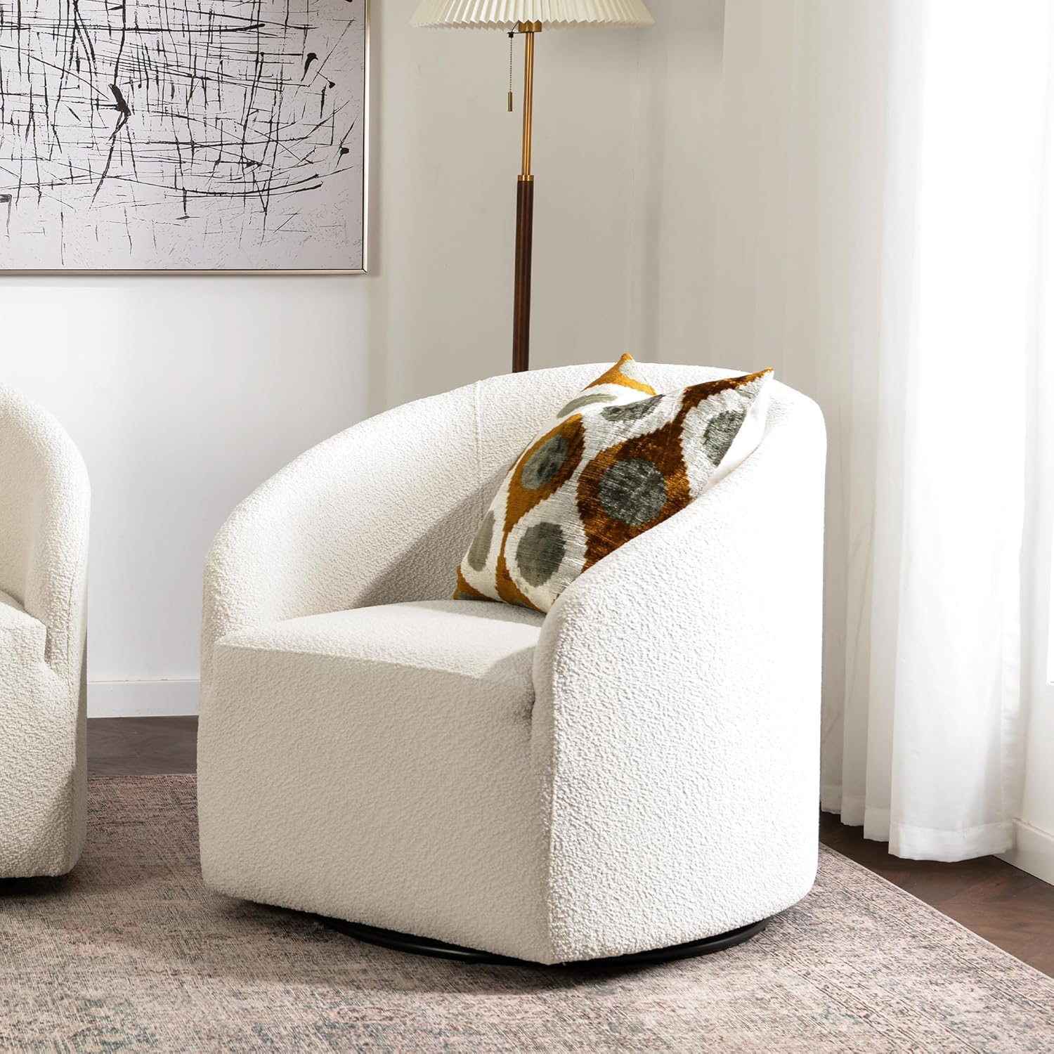 KINWELL 32" Wide Modern Boucle Swivel Barrel Chair, No Assembly Round Upholstered Swivel Accent