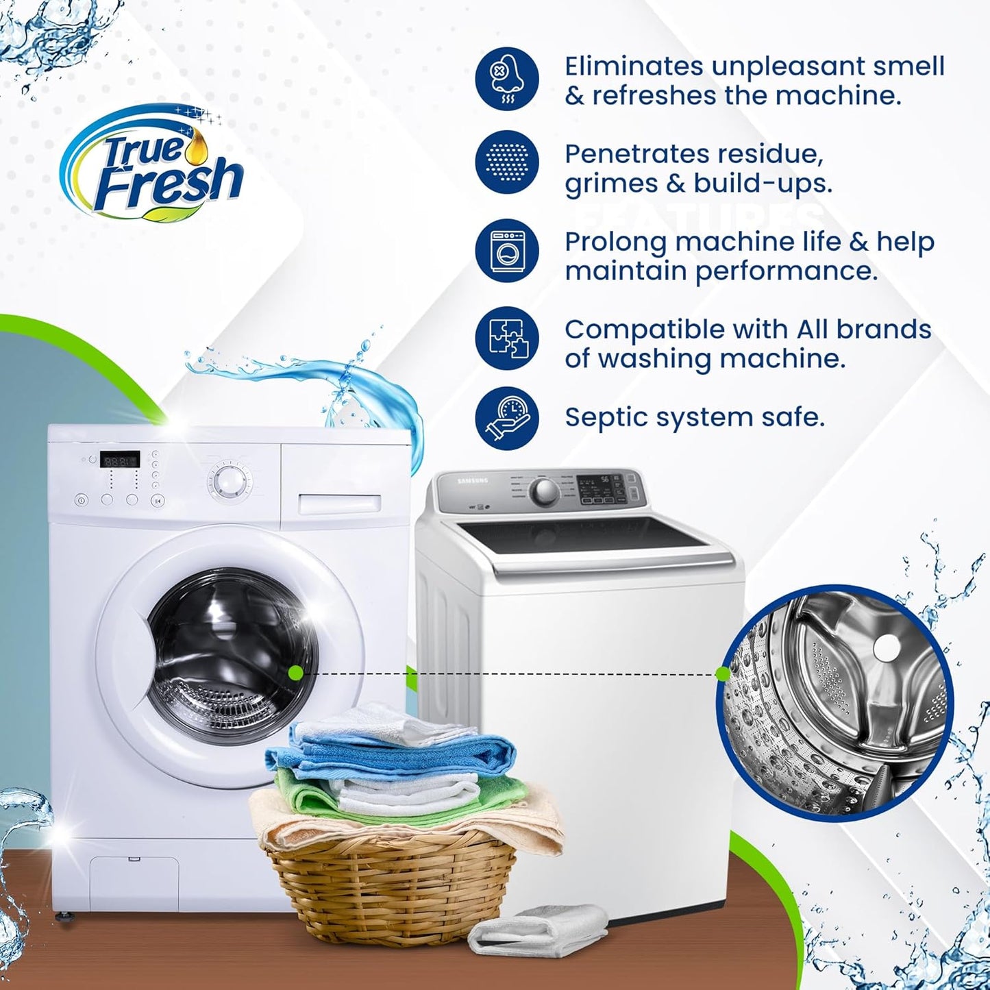 True Fresh Washing Machine Cleaner Tablets, 15 Solid Deep Cleaning Tablet, Finally Clean All