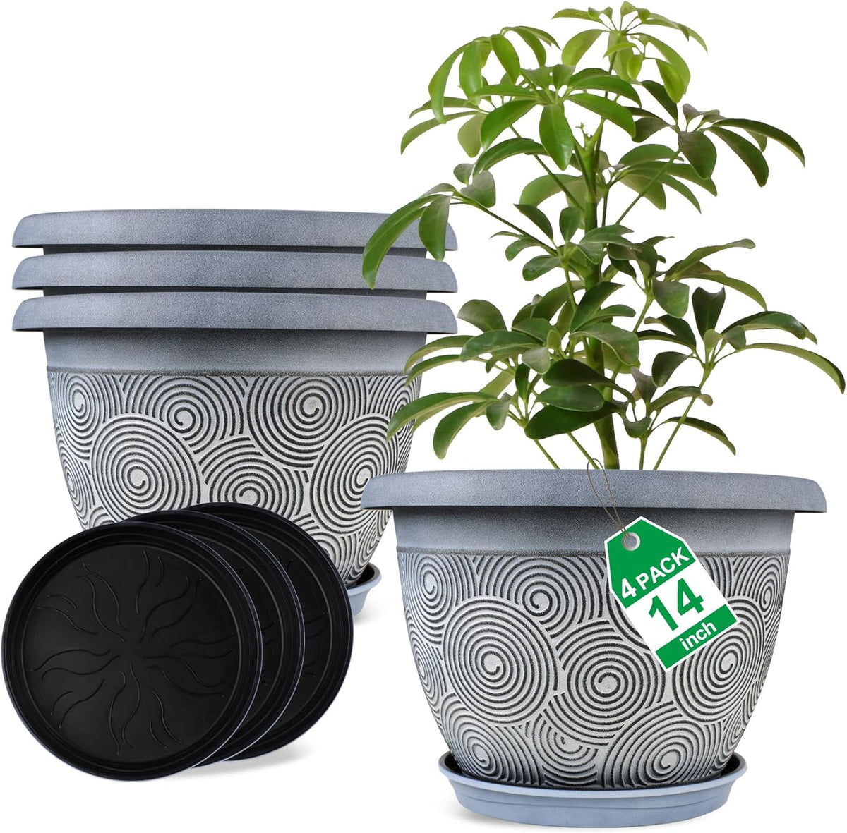 14 Inch Large Planter Pot for Plants Indoor Outdoor, 4 Pack Plastic Flower Pots with Drainage Hole