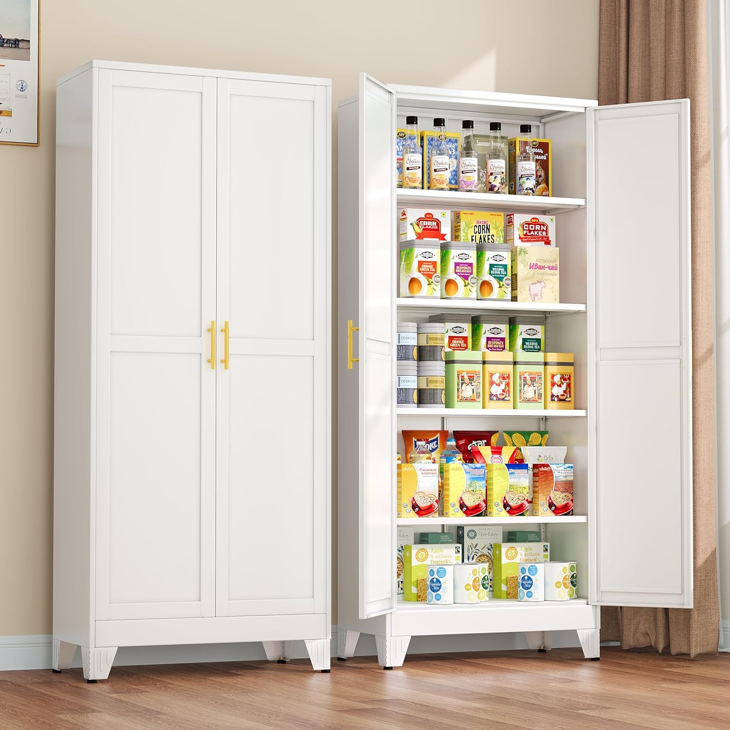 Metal Pantry Cabinet with 2 Doors and Adjustable Shelves - 71" Kitchen Storage Cabinet with Gold