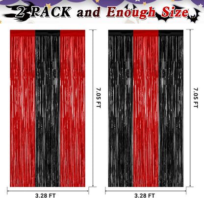 2 Pack Backdrop Curtains, 3.28 FT x 7.05 FT Black and Red Party Decor, Metallic Party Streamer