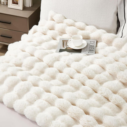 DREAMNINE Decorative Soft Bubble Fuzzy Faux Rabbit Fur Throw Blanket for Couch 50" x 60",Reversible