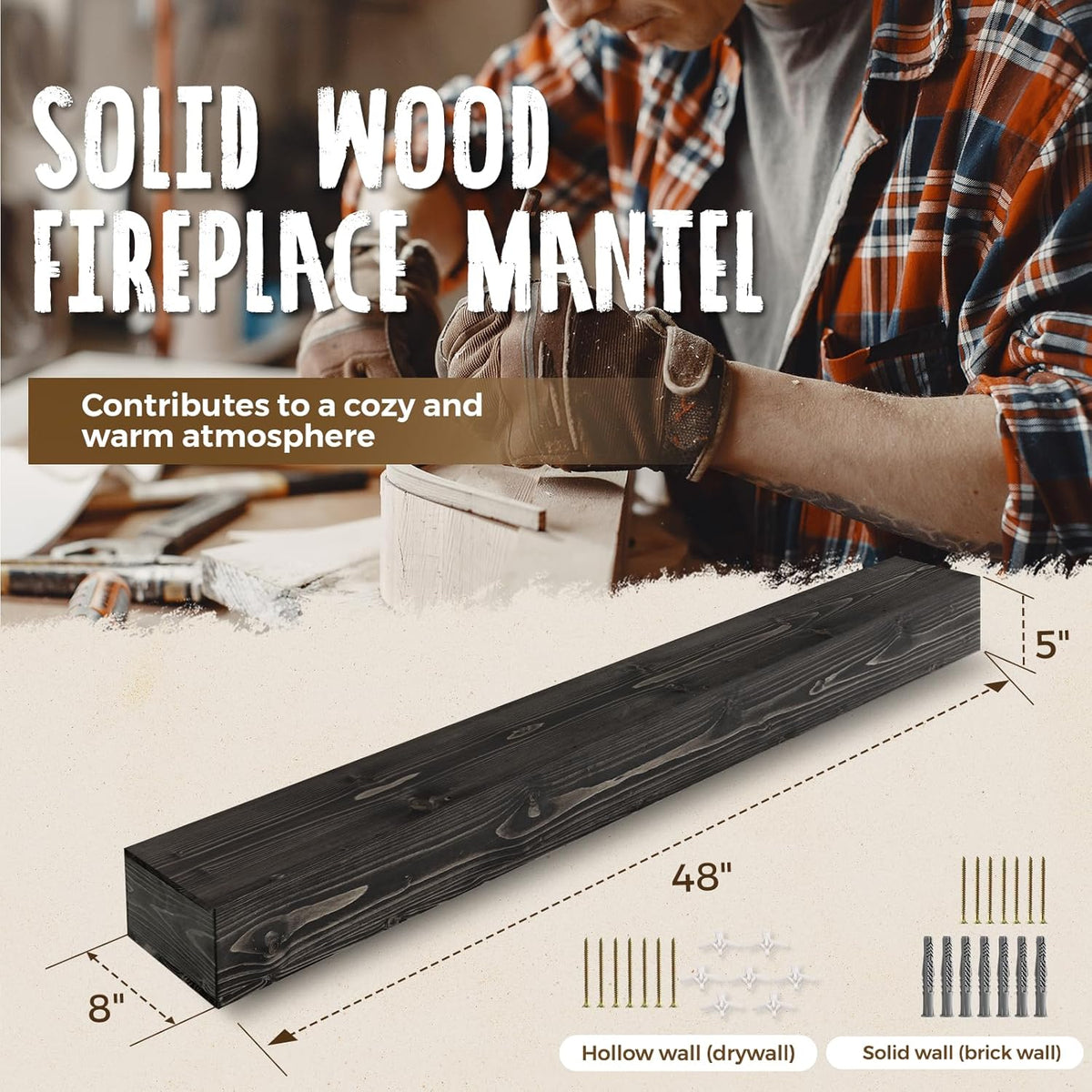 48x8x5 Fireplace Mantel - Handcrafted Hollow Rustic Solid Wood Wall Mounted Floating Shelf with