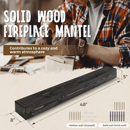 48x8x5 Fireplace Mantel - Handcrafted Hollow Rustic Solid Wood Wall Mounted Floating Shelf with