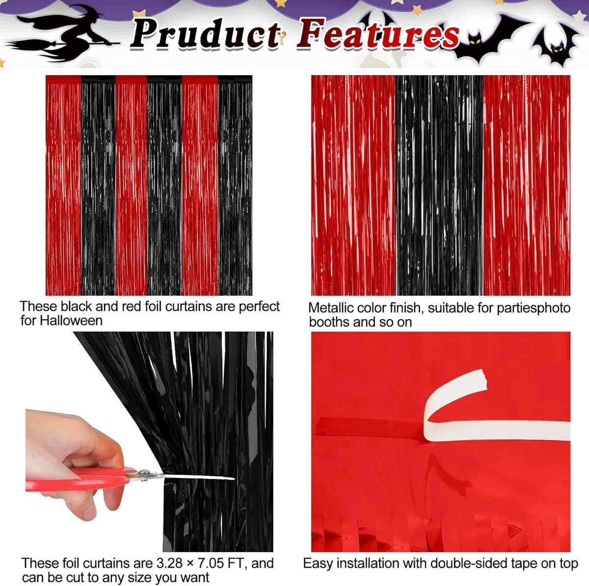2 Pack Backdrop Curtains, 3.28 FT x 7.05 FT Black and Red Party Decor, Metallic Party Streamer