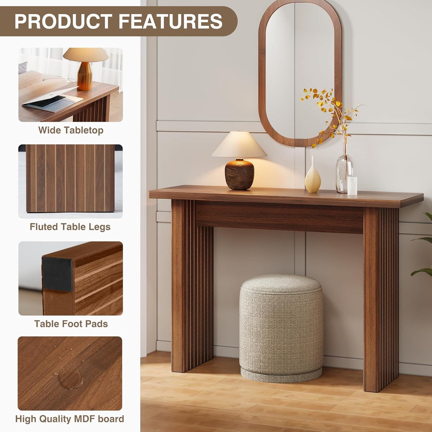 AVZEAR Mid Century Narrow Entryway Console Table, 43.3" Fluted Wood Couch Table Behind Sofa Long