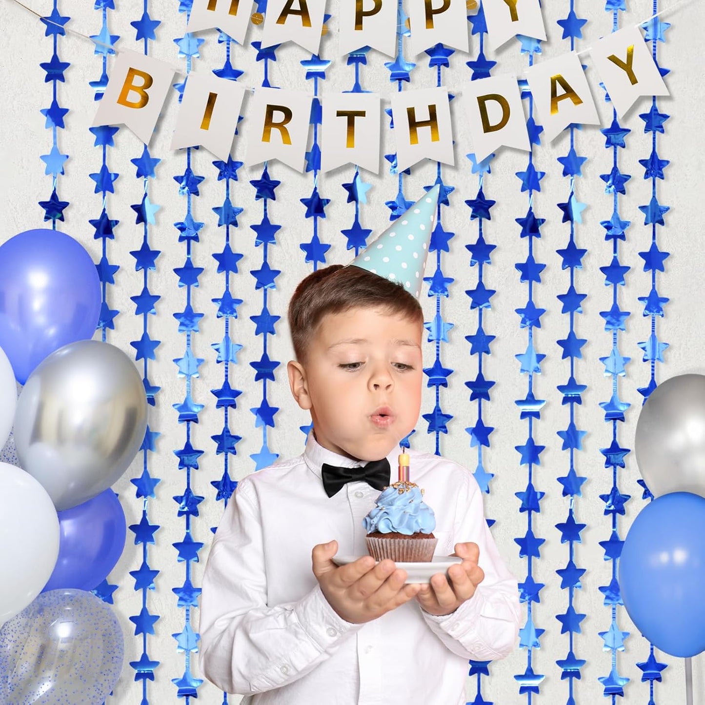 LOLStar 2Pack Blue Happy Birthday Party Decorations 3.3X6.6ft Each Navy Star Streamers Backdrop
