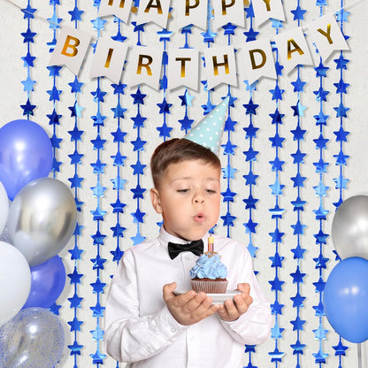 LOLStar 2Pack Blue Happy Birthday Party Decorations 3.3X6.6ft Each Navy Star Streamers Backdrop