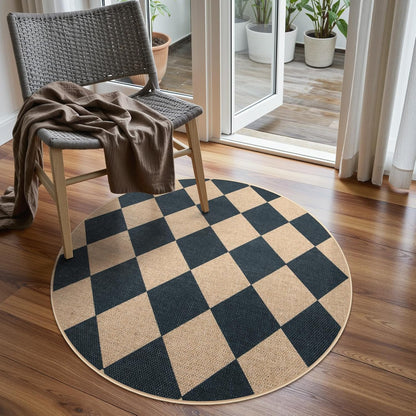 Lahome Checkered Round Rug 3ft, Circle Indoor Outdoor Entryway Patio Rug Washable Easy Jute Rug