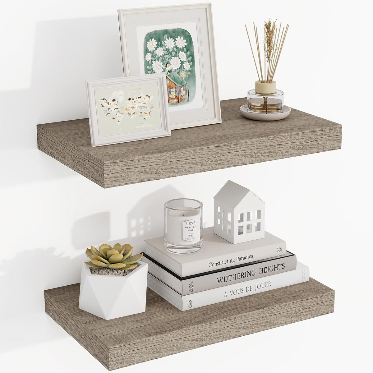 16 Inch Floating Shelves, 3D Textured Wood Grain, 16"x9.25"x1.5" Inch Deep Floating Shelves for