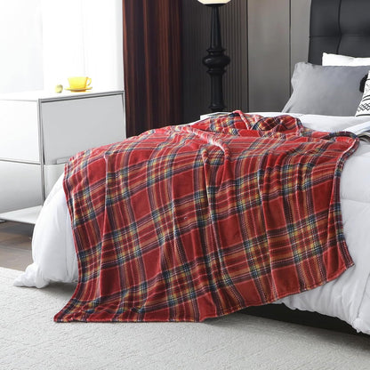MERRYLIFE Dark Red Plaid Throw Blanket Decorative Fleece Throw | Ultra-Plush Colorful | Couch