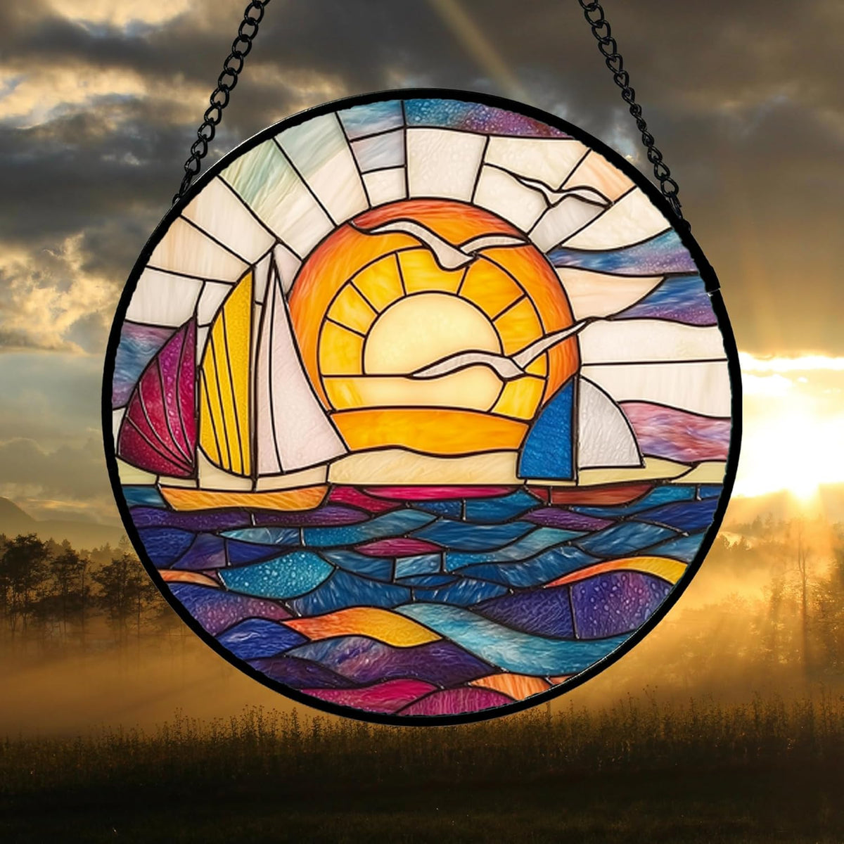 Stained Glass Window Hanging, Sailboat and Waves Suncatcher Diamond Glass Panel Hangings Sun