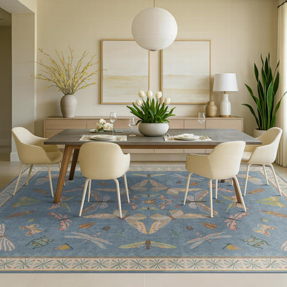 Insect Light Blue Rug for Living Room - 9x12 Cute Rugs for Bedroom, Moth Floral Boho Design, Low