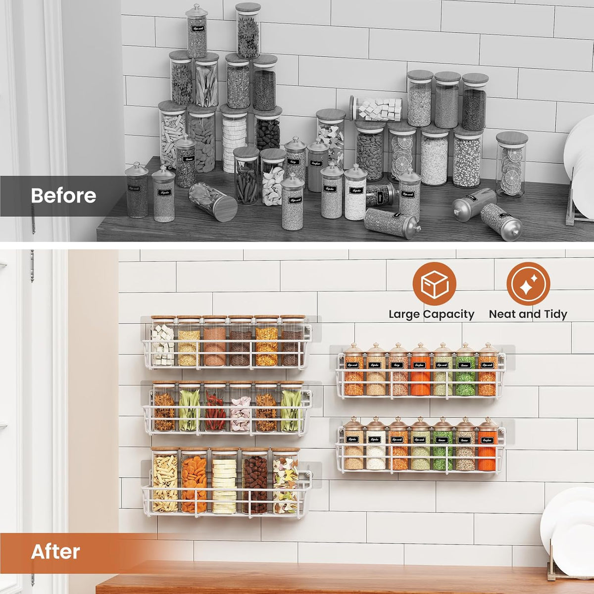 5 Pack Spice Rack Seasoning Organizer Wall Mount, Screw or Adhesive Hanging Shelf Basket Spice