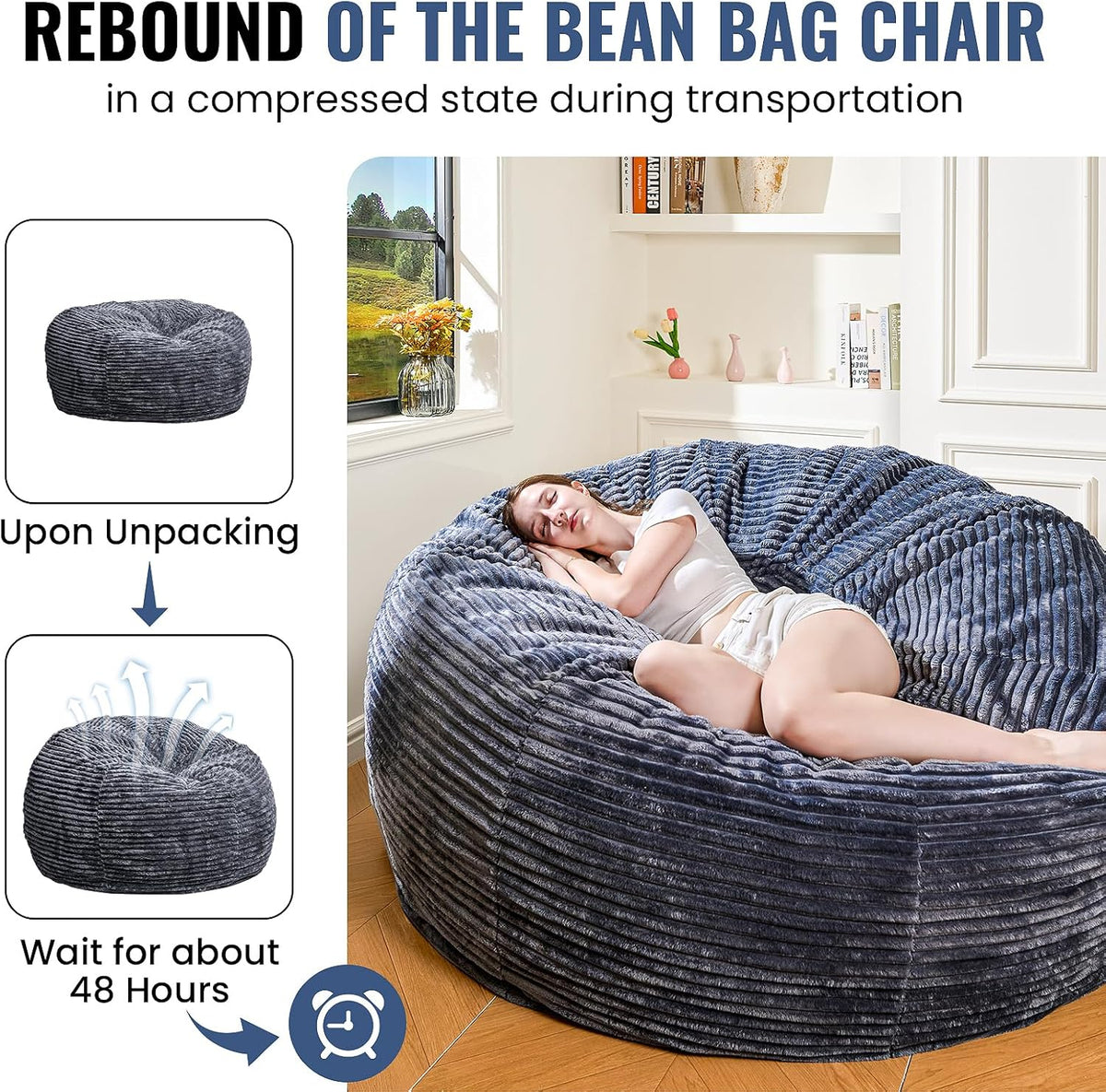 Large Bean Bag Chair, 5FT Giant Beanbag Chairs with Memory Foam Filled, Bean Bag Chairs for Adults