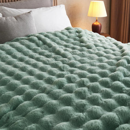 Lotus Karen Faux Fur Throw Blanket Sage Green - Big Bubble Rabbit Fluff Blanket for Couch Bed