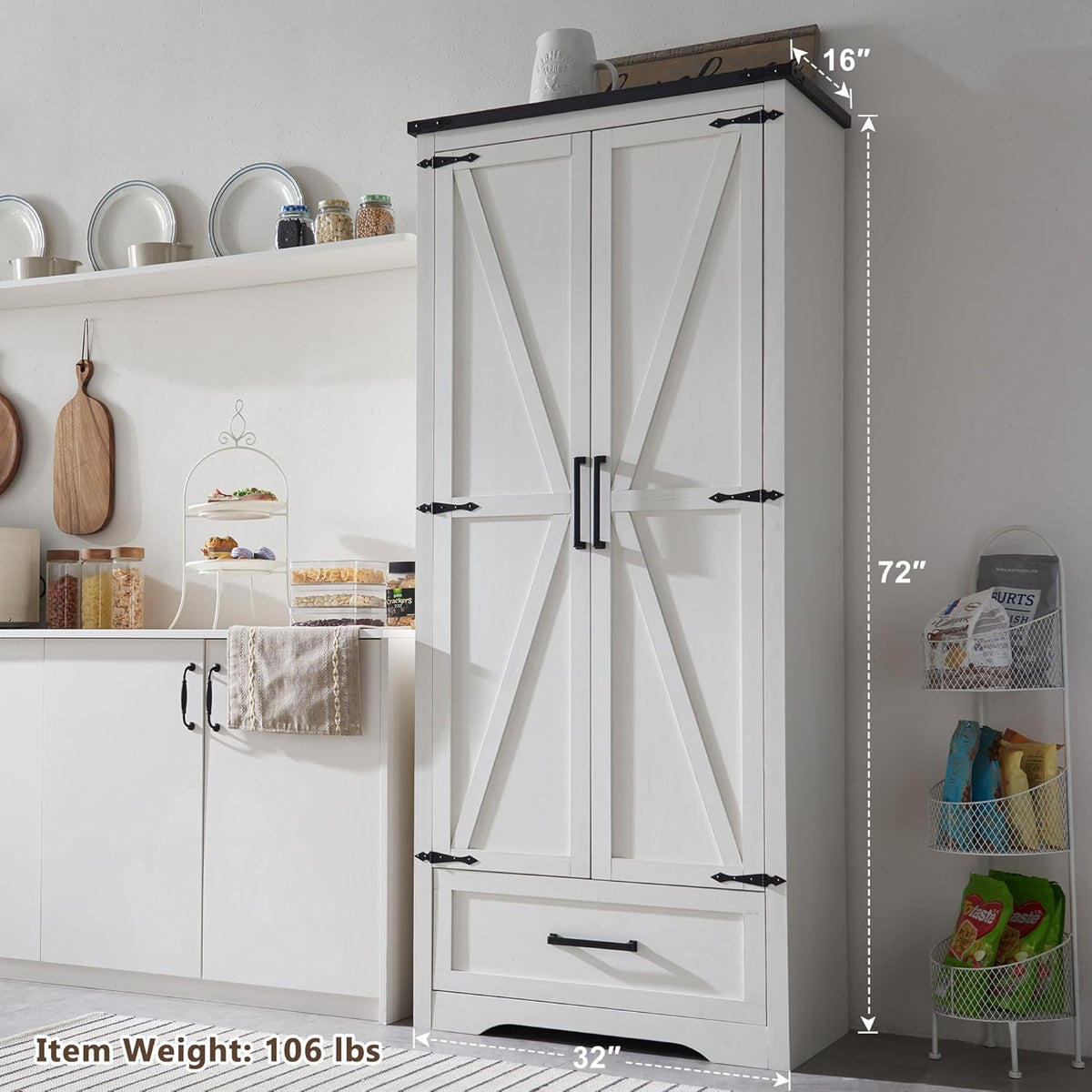 72" Tall Wood Storage Cabinet, Farmhouse Kitchen Pantry Cabinet with Adjustable Shelves & Drawer &