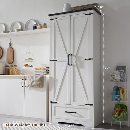 72" Tall Wood Storage Cabinet, Farmhouse Kitchen Pantry Cabinet with Adjustable Shelves & Drawer &