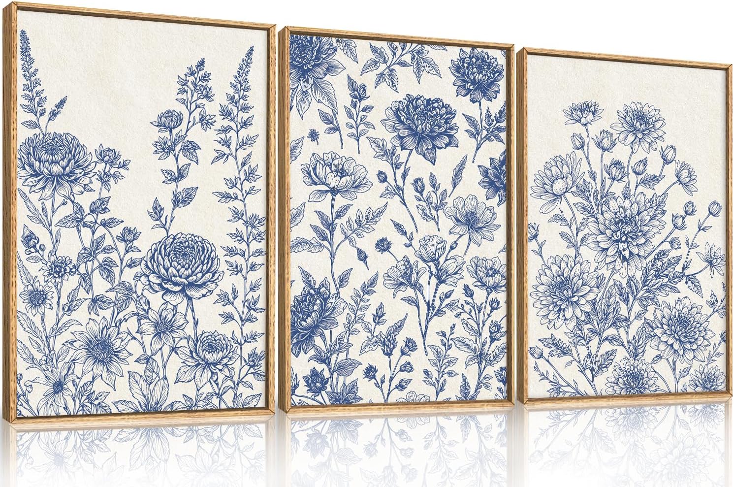 Classic Chinoiserie Floral Framed Canvas Wall Art Set, Blue and White Flower Wall Decor, Navy