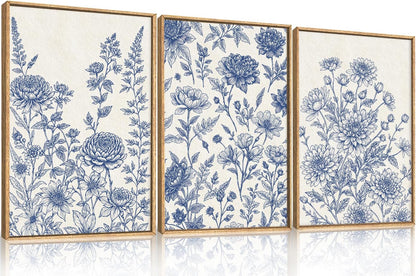 Classic Chinoiserie Floral Framed Canvas Wall Art Set, Blue and White Flower Wall Decor, Navy