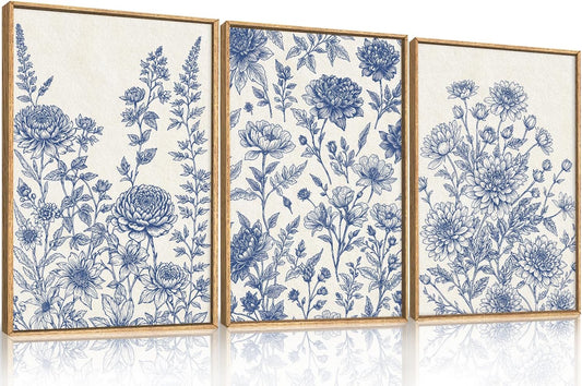 Classic Chinoiserie Floral Framed Canvas Wall Art Set, Blue and White Flower Wall Decor, Navy