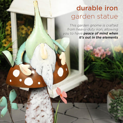 Alpine Corporation - Metal Gnome with Mushroom – 20" Tall Durable Iron Garden Statue, Whimsical