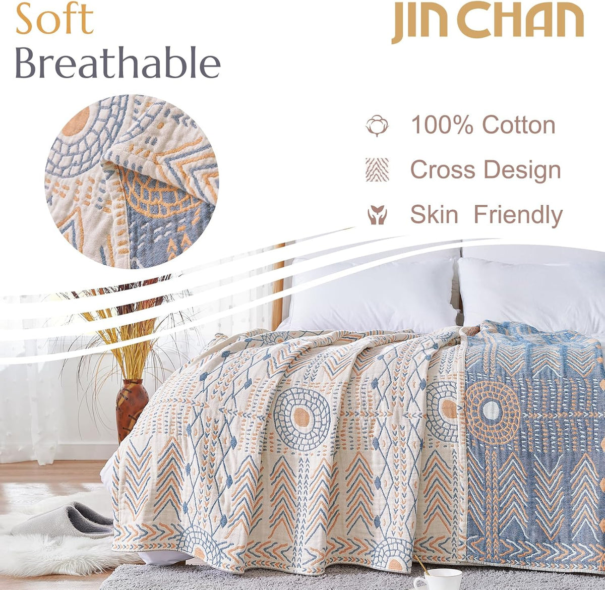 jinchan Boho 100% Cotton Muslin Twin Size 60x80 Throw Blanket Lightweight 4-Layer Orange Reversible