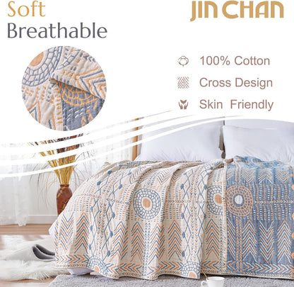 jinchan Boho 100% Cotton Muslin Twin Size 60x80 Throw Blanket Lightweight 4-Layer Orange Reversible