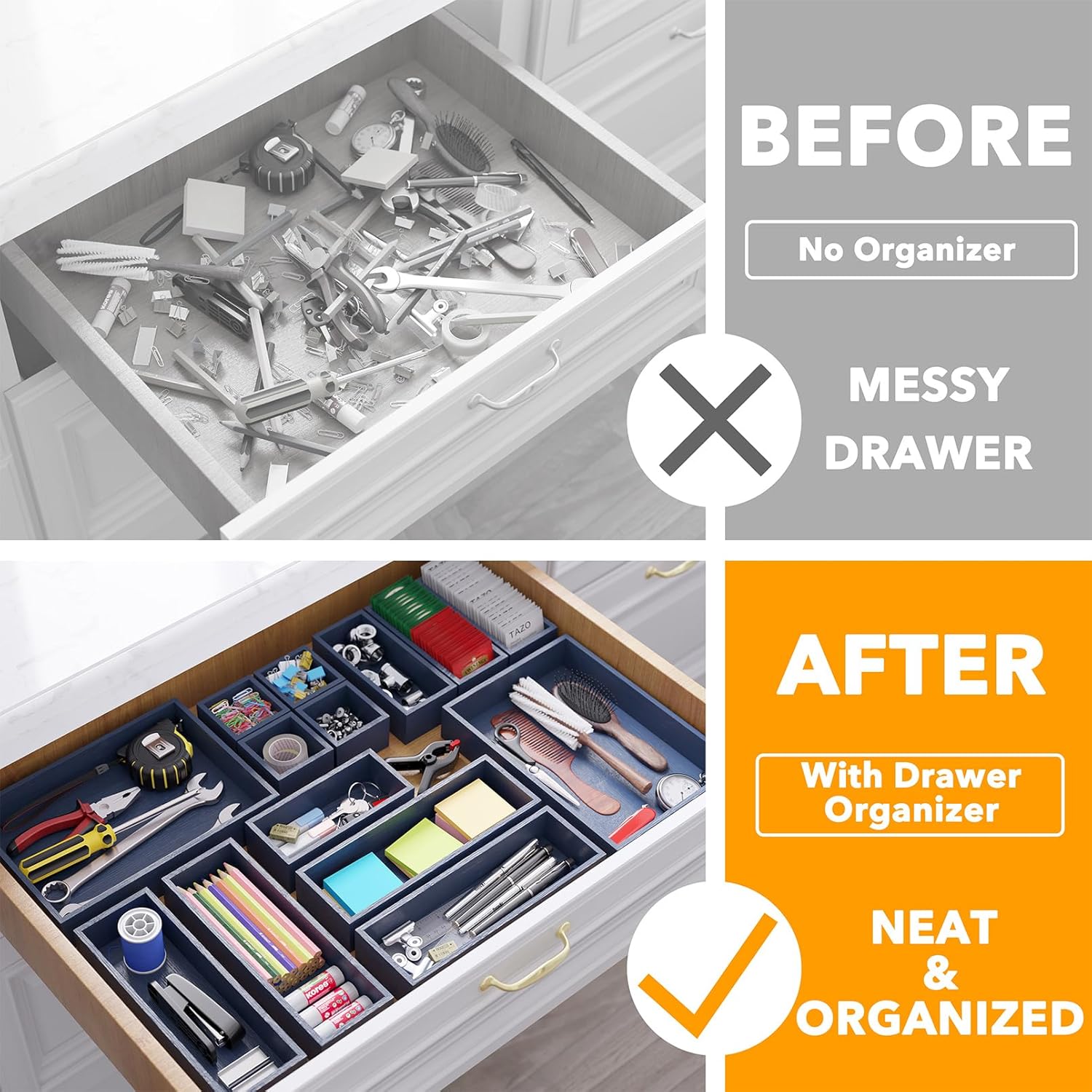 SpaceAid 14-Piece Bamboo Drawer Organizer Storage Boxes Set, Wood Tray Junk Drawer Organizers