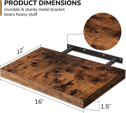 Fun Memories Floating Shelves - 2 Pack 12 Inch Deep Rustic Wooden Wall Shelves - Extra Deeper &