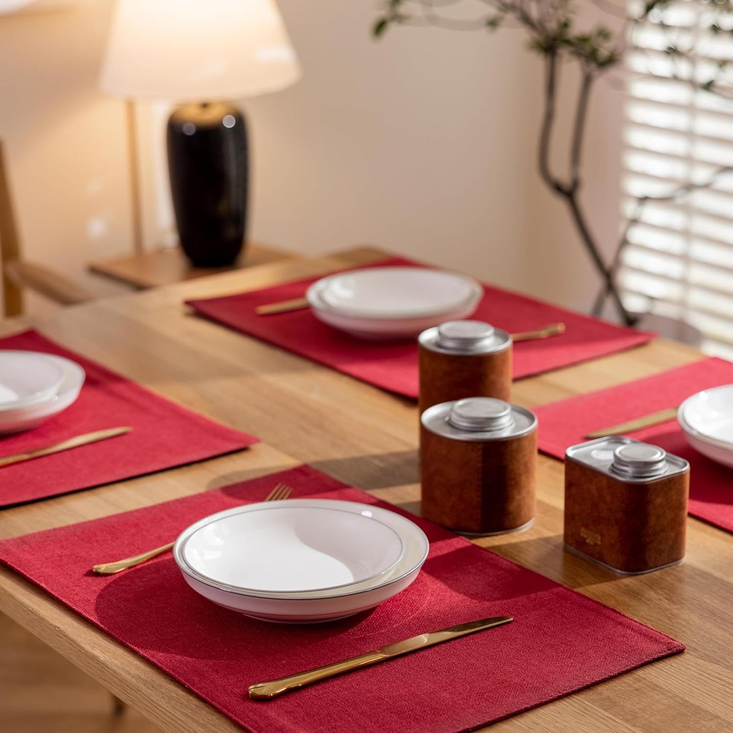 Demetex Christmas Placemats Set of 4 Heat Resistant Red Linen Place Mats Wipeable Cloth Placemats