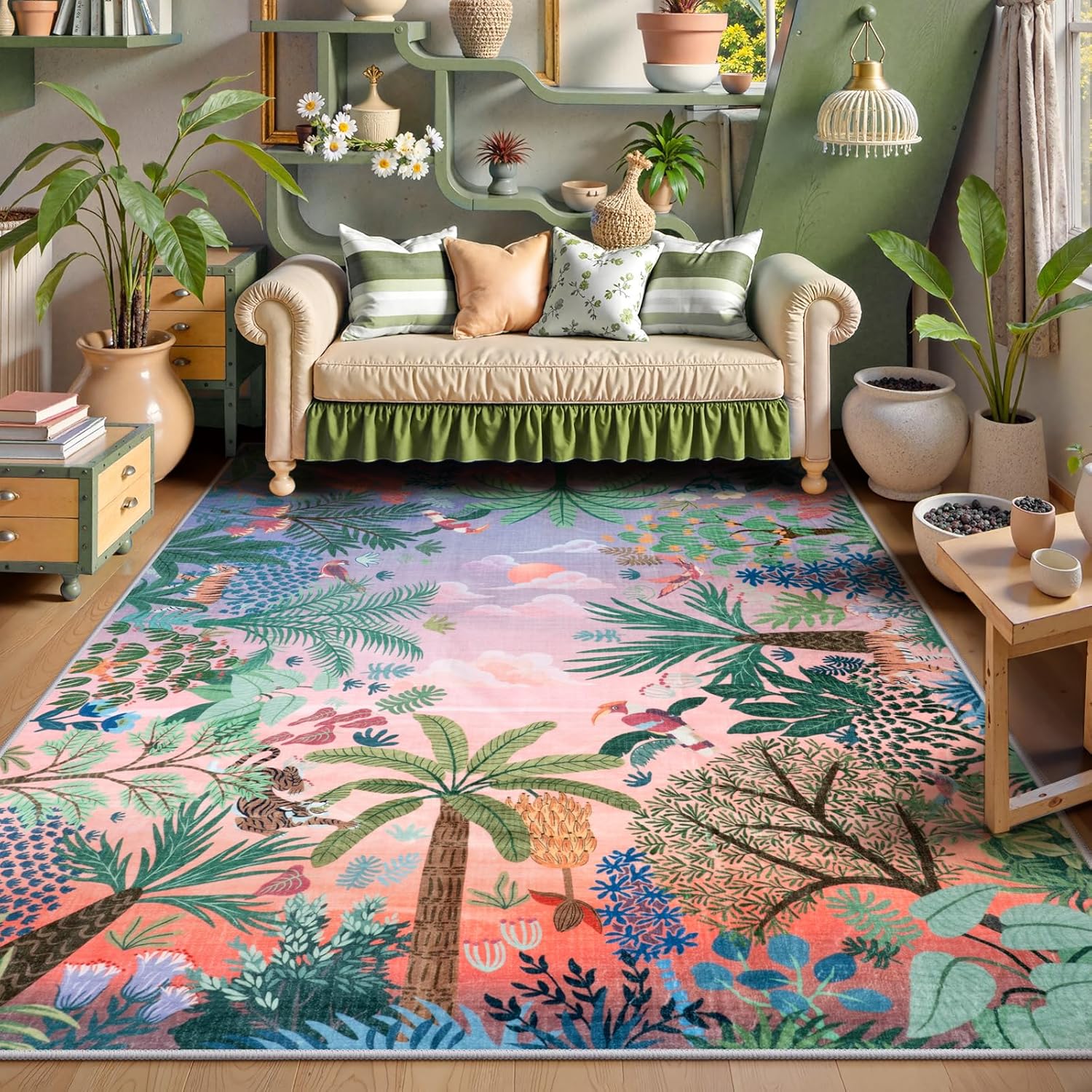 LIVEBOX Jungle Rugs 5x7 Kids Rugs for Bedroom Girls, Soft Lavender Rug for Nursery Baby Room