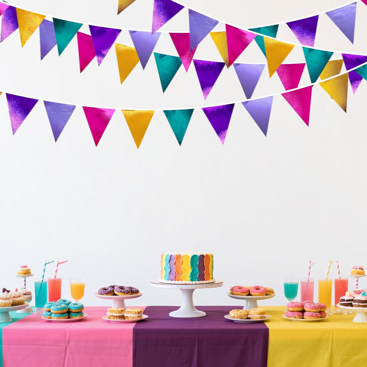 Colorful Party Decorations Hot Pink Teal Purple Metallic Fabric Triangle Pennant Banner Flag