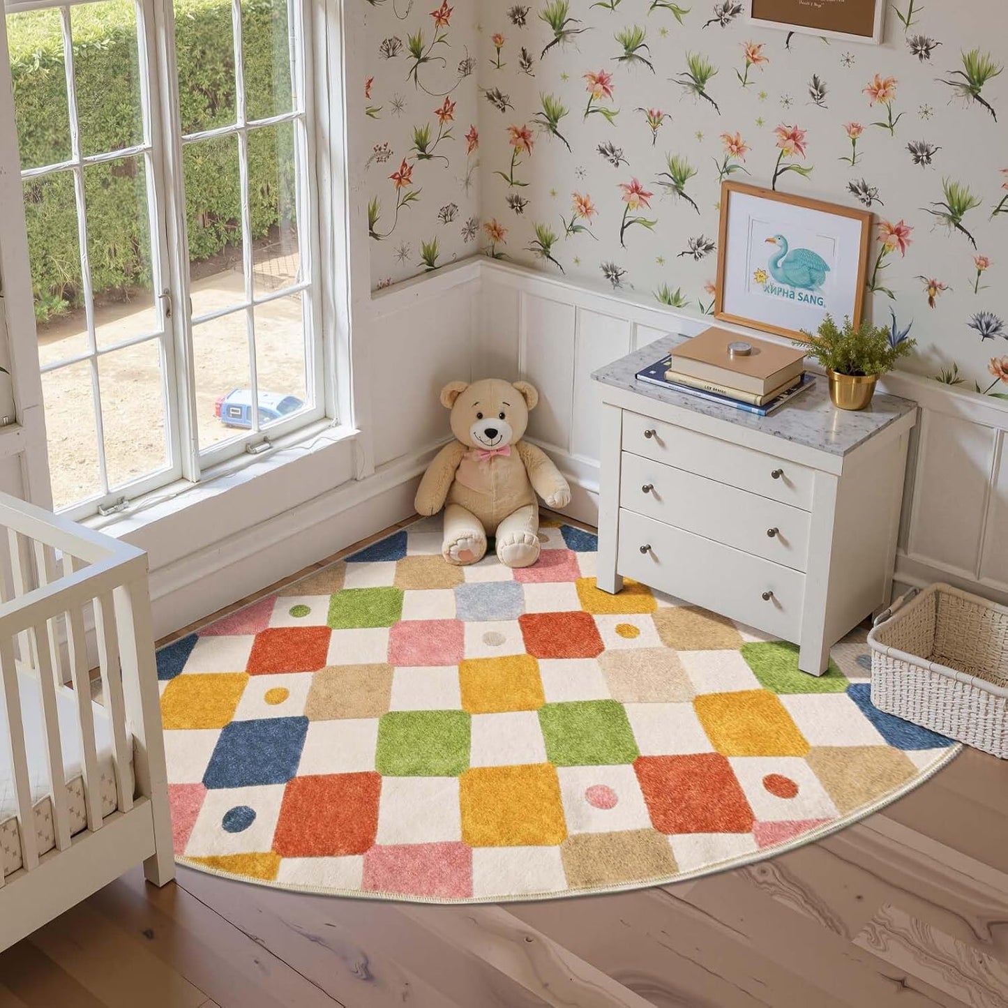 jinchan Kids Rug for Nursery 5ft Radius Corner Washable Area Rug Modern Colorful Quarter Circle Rug