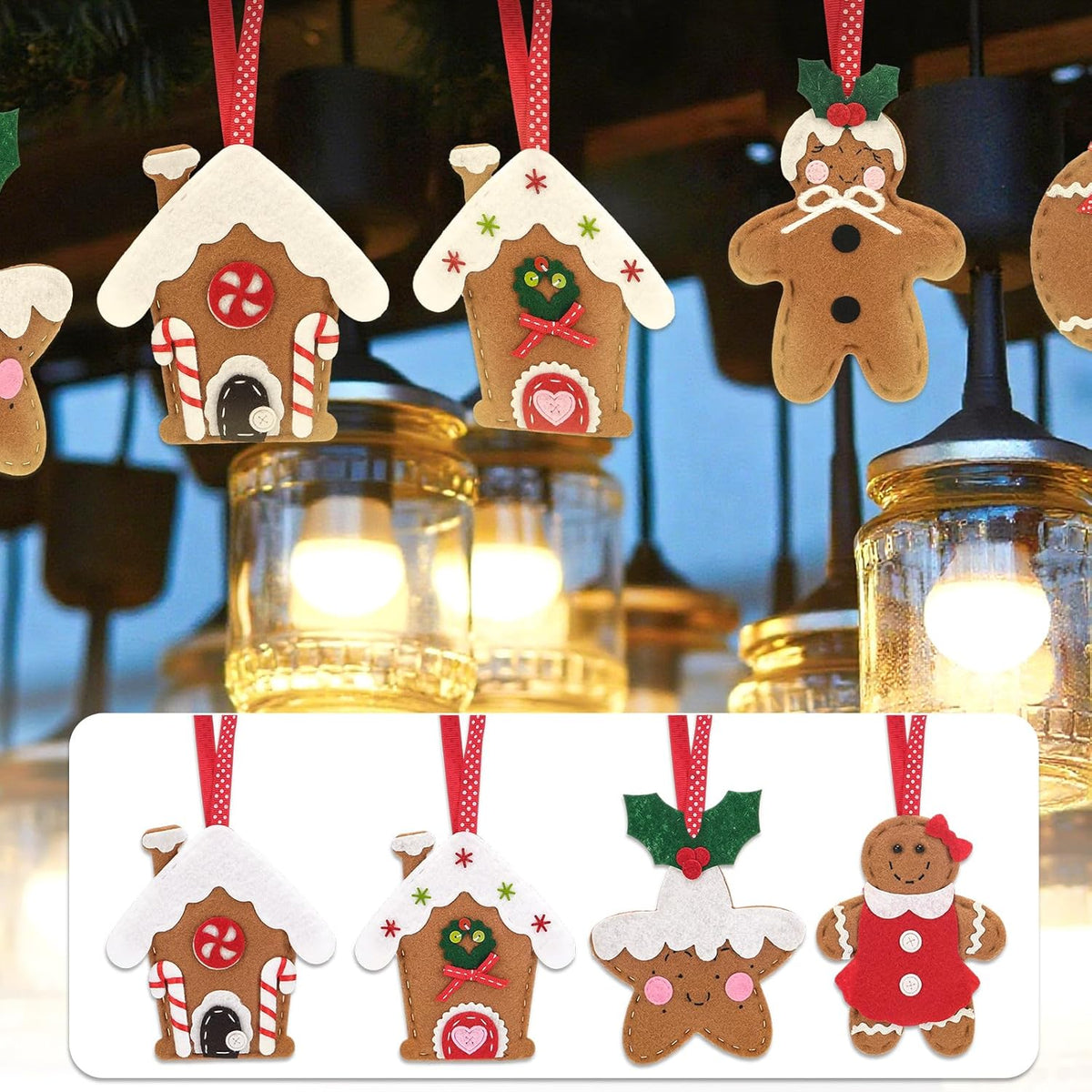Skylety 8 Pieces 3D Christmas Tree Ornaments Set Felt Santa Snowman Candy Cane Ornament, Stocking