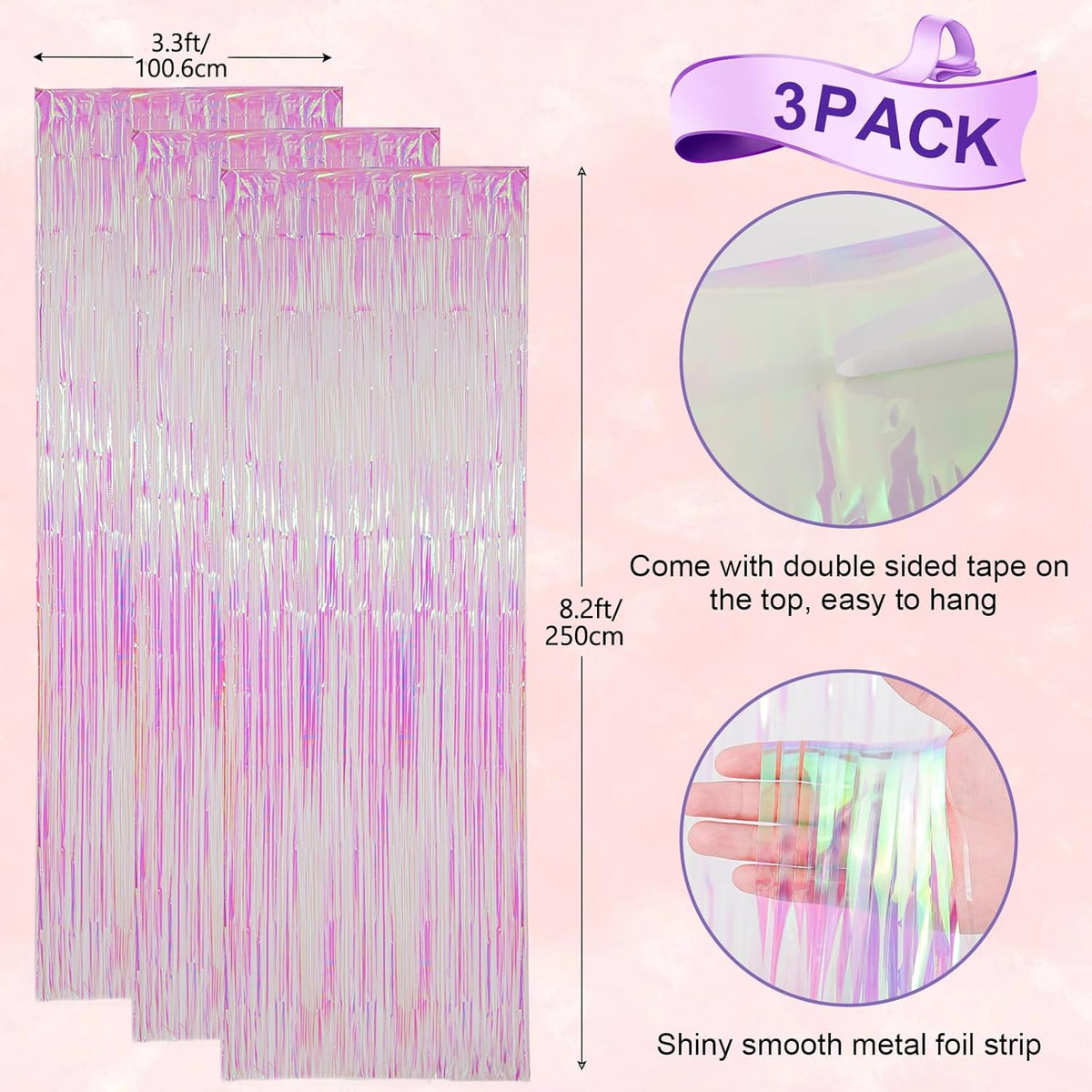 3 Pack 3.3x8.2 Feet Iridescent Transparent Foil Fringe Backdrop Curtains, Tinsel Streamers Birthday
